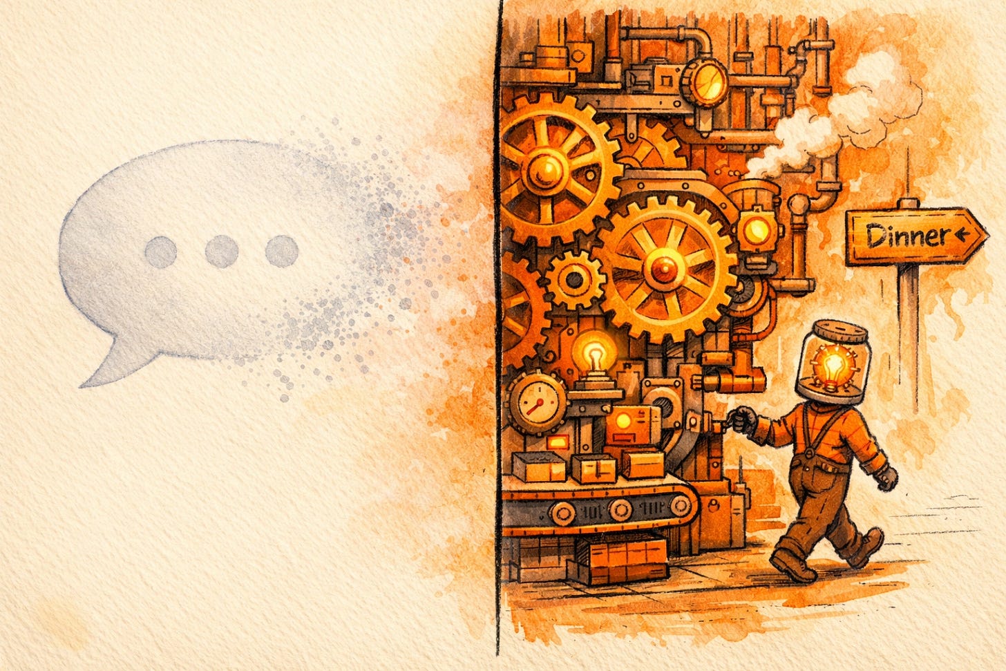 Split illustration: on the left, a fading chat bubble representing ephemeral AI conversation; on the right, a mascot setting glowing gears in motion inside an engine room, then walking away to dinner while the machine keeps running autonomously.