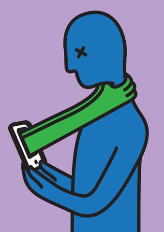 This may contain: a blue man with a green scarf holding a cell phone in his hand and looking at the screen This may contain: a blue man with a green scarf holding a cell phone in his hand and looking at the screen