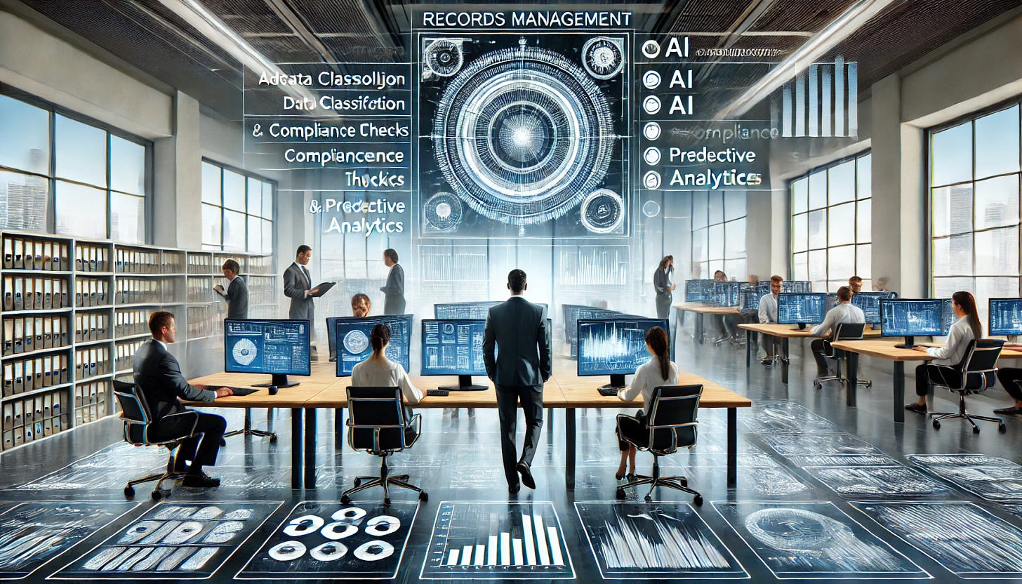 An office setting with advanced AI technology being used for records management. The image should depict AI-driven screens showing data classification, compliance checks, and predictive analytics. There should be a focus on a central screen with AI algorithms visualizing data patterns and a diverse team of professionals working collaboratively.
