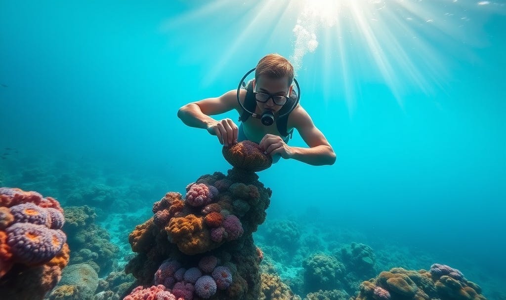 A young diver (representing Titouan Bernicot in his early days) hovers gracefully in crystal-clear turquoise water over a vibrant, restored coral reef. He gently attaches a small coral fragment to a nursery structure, bubbles trailing from his regulator as sunlight pierces the surface above, creating shafts of light that illuminate the colorful corals below—shades of purple, orange, pink, and green teeming with small fish.