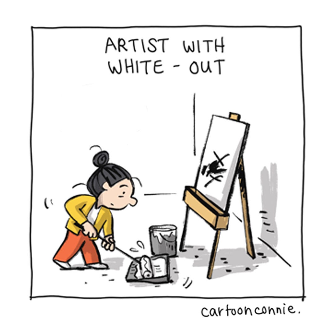 Panel 6 of a 6-panel comic showing a cartoon figure trying to capture an idea an artist easel and feeling like a failure when it doesn't live up to what she imagined. Titled "Artist Perseverance," 2026, by Connie Sun, cartoonconnie.