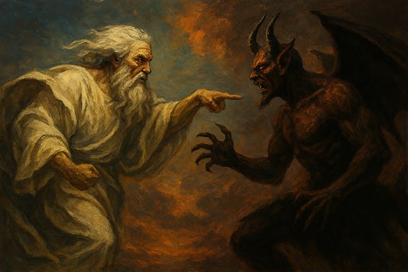 Create me an image of God confronting Satan