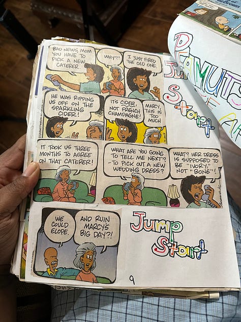 Comic strips from the Sunday paper cut out and glued to pieces of printer paper and then held together by binder clips. The front cover is a manila piece of cardstock with colorful lettering: "Comics of all my favorite comics"