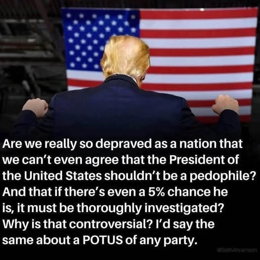 May be an image of 1 person, the Oval Office and text that says 'Are we really so depraved as a nation that we can't even agree that the President of the United States shouldn't be a pedophile? And that if there's even a 5% chance he is, it must be thoroughly investigated? Why is that controversial? l'd say the the same about a POTUS of any party.'