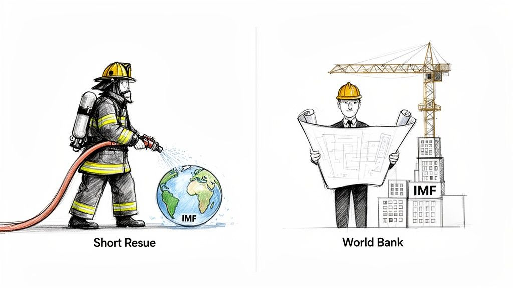 Cartoon illustrating IMF as a firefighter for short rescue of a globe and World Bank as a builder for long-term development. Cartoon illustrating IMF as a firefighter for short rescue of a globe and World Bank as a builder for long-term development.