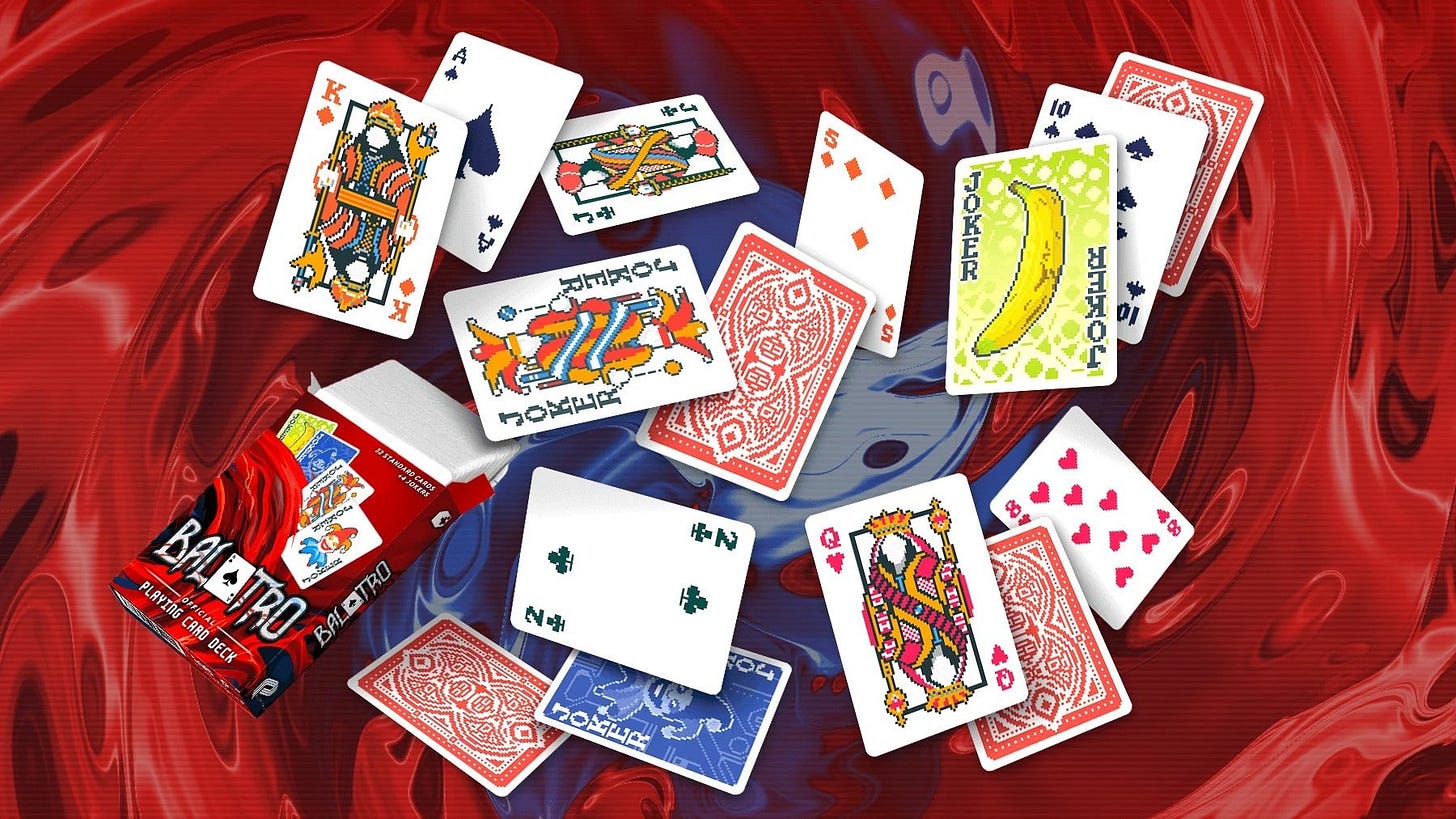 Vibrant spread of playing cards on a redâblue abstract background, with a partially open red âBalatroâ deck box featuring a jester. Visible cards include two Jokers (one with a banana on green), the King of Spades, King of Diamonds, 10 of Diamonds, and 4 of Hearts. Mix of traditional and playful designs; dynamic, colorful composition emphasizing cardâgame theme. Vibrant spread of playing cards on a redâblue abstract background, with a partially open red âBalatroâ deck box featuring a jester. Visible cards include two Jokers (one with a banana on green), the King of Spades, King of Diamonds, 10 of Diamonds, and 4 of Hearts. Mix of traditional and playful designs; dynamic, colorful composition emphasizing cardâgame theme.