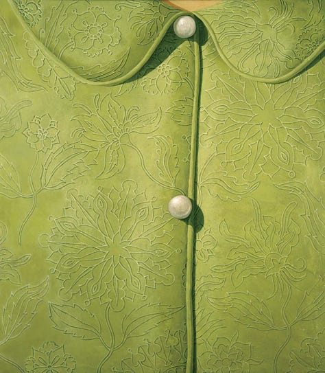artworks of Domenico Gnoli, from left to right: a closeup of a green chemise, a closeup of curly red blonde hair, a closeup of a tie with red and blue stripes (all abstract)