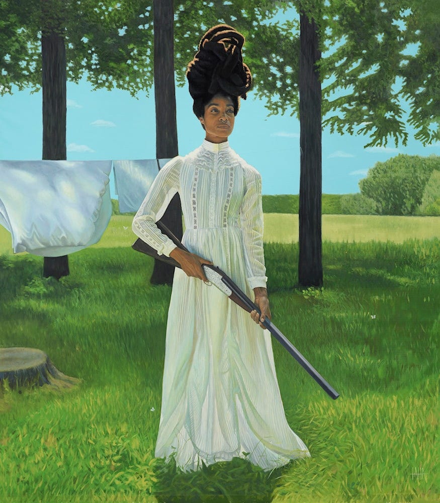 A contemporary painting in classical portraiture style by Taha Clayton showing a young Black woman in an ankle length white dress with long sleeves, standing in a grass field with lines of drying white laundry behind her. We don't know where this is supposed to be, but she is armed with rifle and adopts an alert pose. This is likely hinting at the Antebellum period or era of Reconstruction in America, so we know who might be giving threat. Her locks are tied up which is a little clue of the contemporary sensibility given to this apparent distant-yet-current scene.