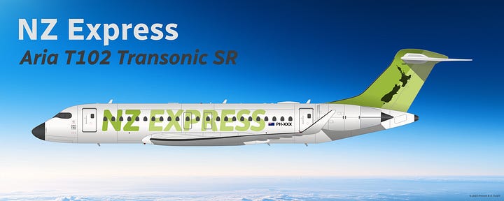 A gallery of Aria aircraft initially selected for the NZ Express fleet: (1) Aria T42 Transonic, (2) Aria T72 Transonic, (3) Aria T102 Transonic, and (4) Aria V42hqc Hybrid V/STOL Combi - all wearing the current NZX livery, shown in side view while in midflight.