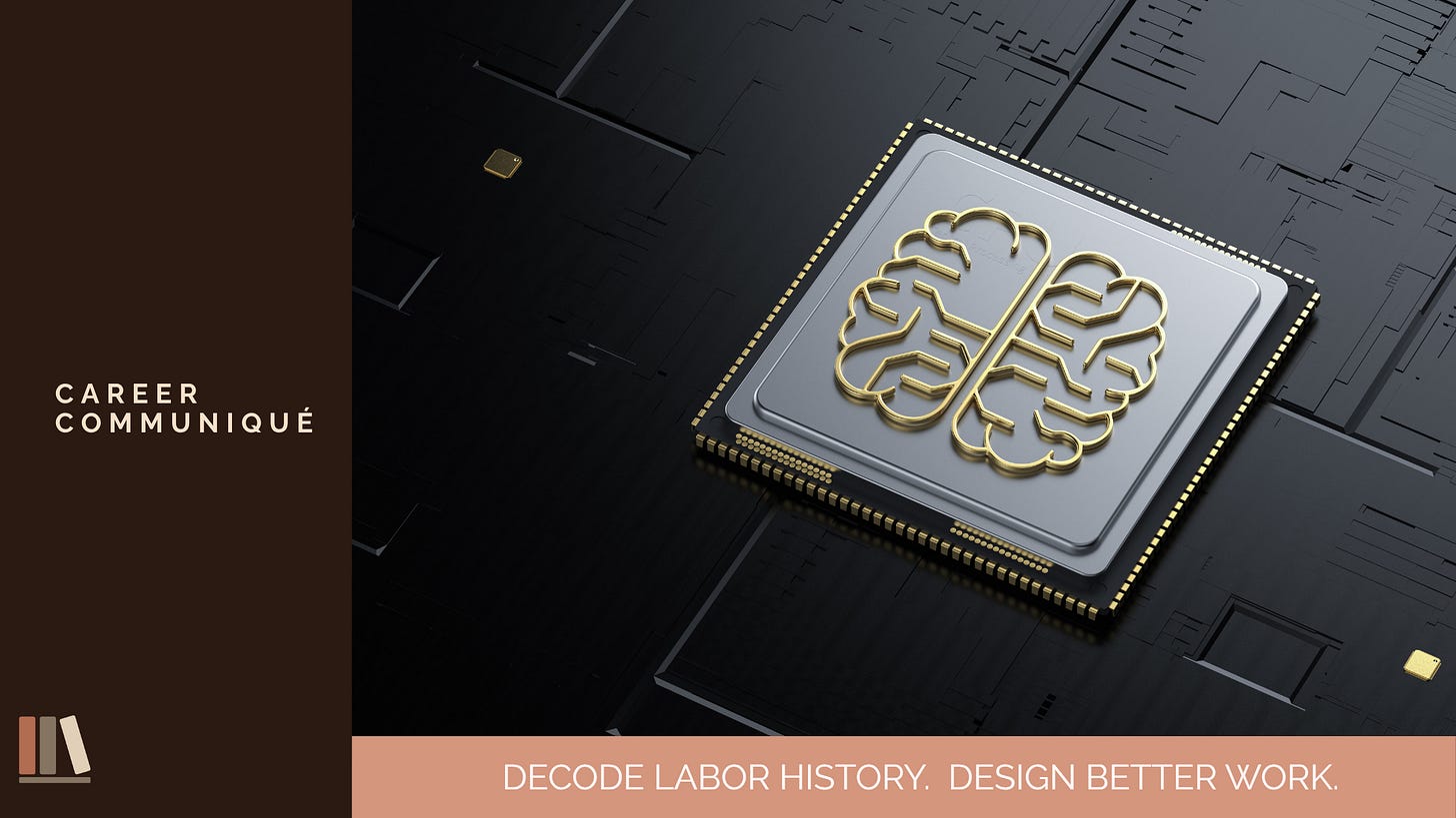 A gold brain circuit chip mounted on a dark motherboard, representing AI hiring algorithms that score and track job applicants before a human sees their résumé. Career Communiqué — The Machine Remembers You.