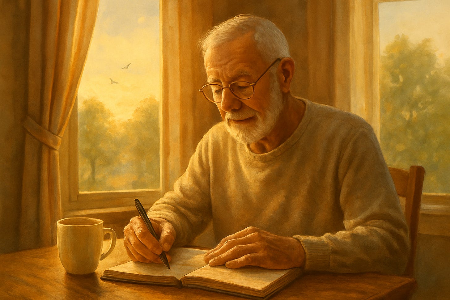 Early morning a retired man at a desk in a comfortable home writing