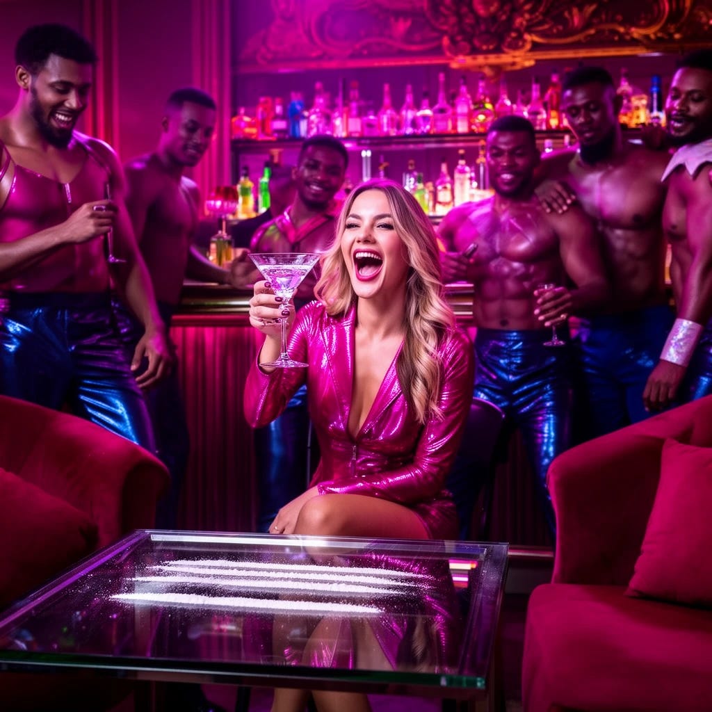 Woman at bachelorette party with male strippers, drinking martinis and doing lines of cocaine Woman at bachelorette party with male strippers, drinking martinis and doing lines of cocaine