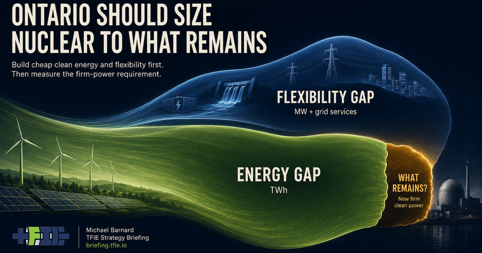 TFIE Strategy Briefing graphic dividing Ontario’s future electricity challenge into two streams. The energy requirement is addressed by efficiency, wind, solar, hydro, existing nuclear and committed new generation. The capacity and operability requirement is addressed by flexible demand, batteries, hydro, transmission, interties and other responsive resources. Both streams narrow before the remaining need for additional large nuclear generation is assessed.