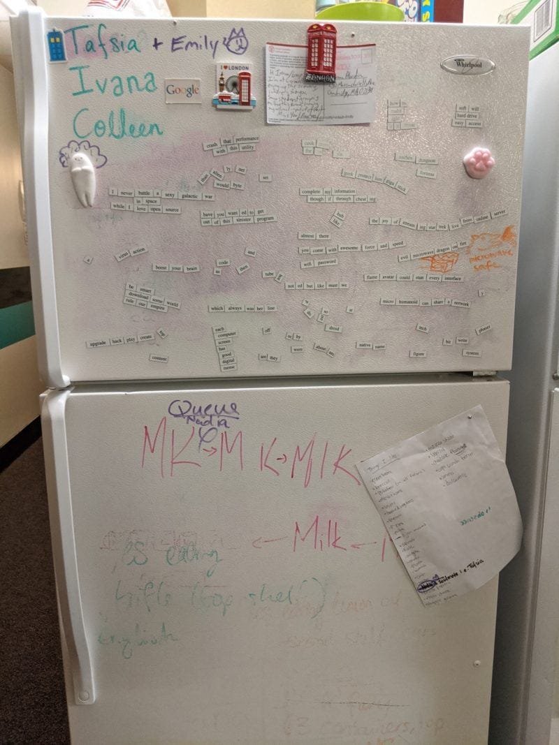 fridge with word blocks all over it; one of my favorites is 