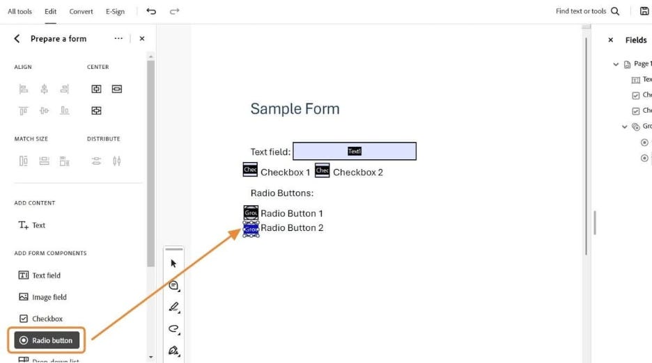 Screenshot of Adobe Acrobat Pro with the Radio button option highlighted on the left toolbar. An orange arrow points to a selected radio button under the “Radio Buttons” section of the sample form.