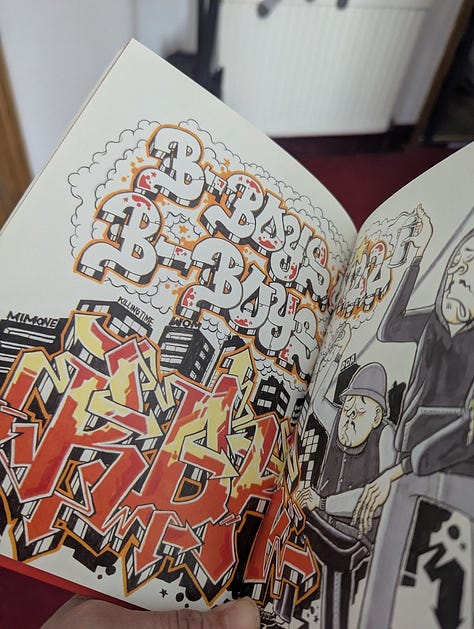Three images of Sui Sui by Esow — a red hardcover book with gold lettering, an open spread featuring bold graffiti-style lettering and illustrated characters, and a drawing of a seated figure with an exaggerated face, crying while holding a drink at a table.