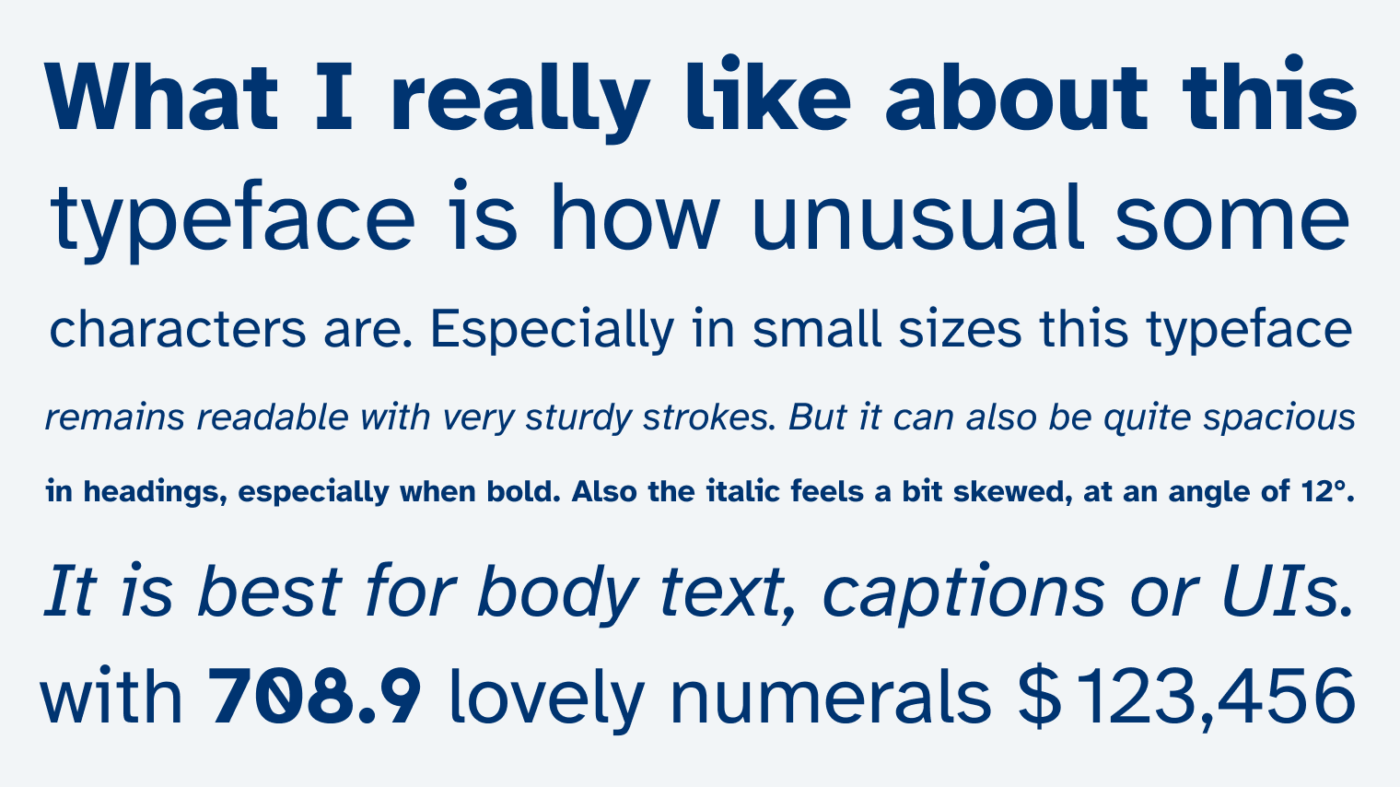 What I really like about this typeface is how unusual characters are. Especially in small sizes this typeface remains readable with very sturdy strokes.