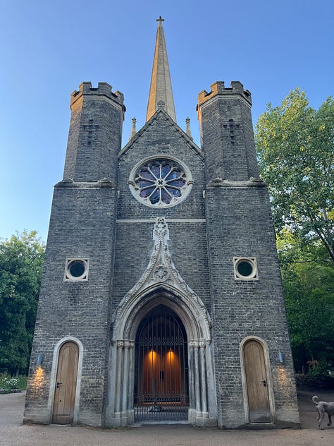 Abney Park Cemetery Chapel, a tall, Dissenting Gothic chapel amidst a woodland