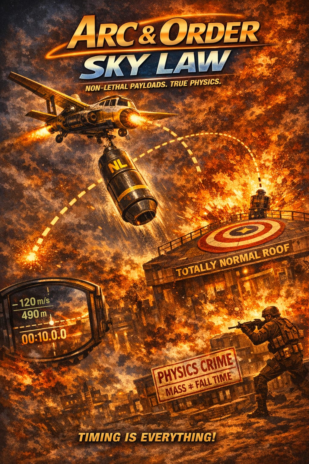 A parody action-movie poster for Arc & Order: Sky Law, designed in the style of a dramatic 1980s action blockbuster. A futuristic aircraft drops a large non-lethal payload toward a rooftop target while dotted projectile paths trace its trajectory through the air. Explosions, tactical soldiers, and physics-themed visual gags fill the scene, including a timer display, velocity measurements, and warning signs reading “Physics Crime” and “Mass + Fall Time.” The tagline reads, “Timing Is Everything!” and the poster uses exaggerated action imagery to teach projectile motion concepts. A parody action-movie poster for Arc & Order: Sky Law, designed in the style of a dramatic 1980s action blockbuster. A futuristic aircraft drops a large non-lethal payload toward a rooftop target while dotted projectile paths trace its trajectory through the air. Explosions, tactical soldiers, and physics-themed visual gags fill the scene, including a timer display, velocity measurements, and warning signs reading “Physics Crime” and “Mass + Fall Time.” The tagline reads, “Timing Is Everything!” and the poster uses exaggerated action imagery to teach projectile motion concepts.