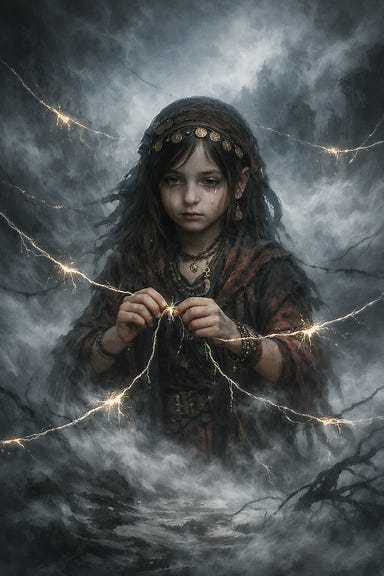 Arabelle's vision within the mists — a young seer standing amid swirling fog, surrounded by glowing threads of fate that snap and unravel, her eyes reflecting sorrow and quiet strength as she ties broken strands together while the Mists devour the world around her