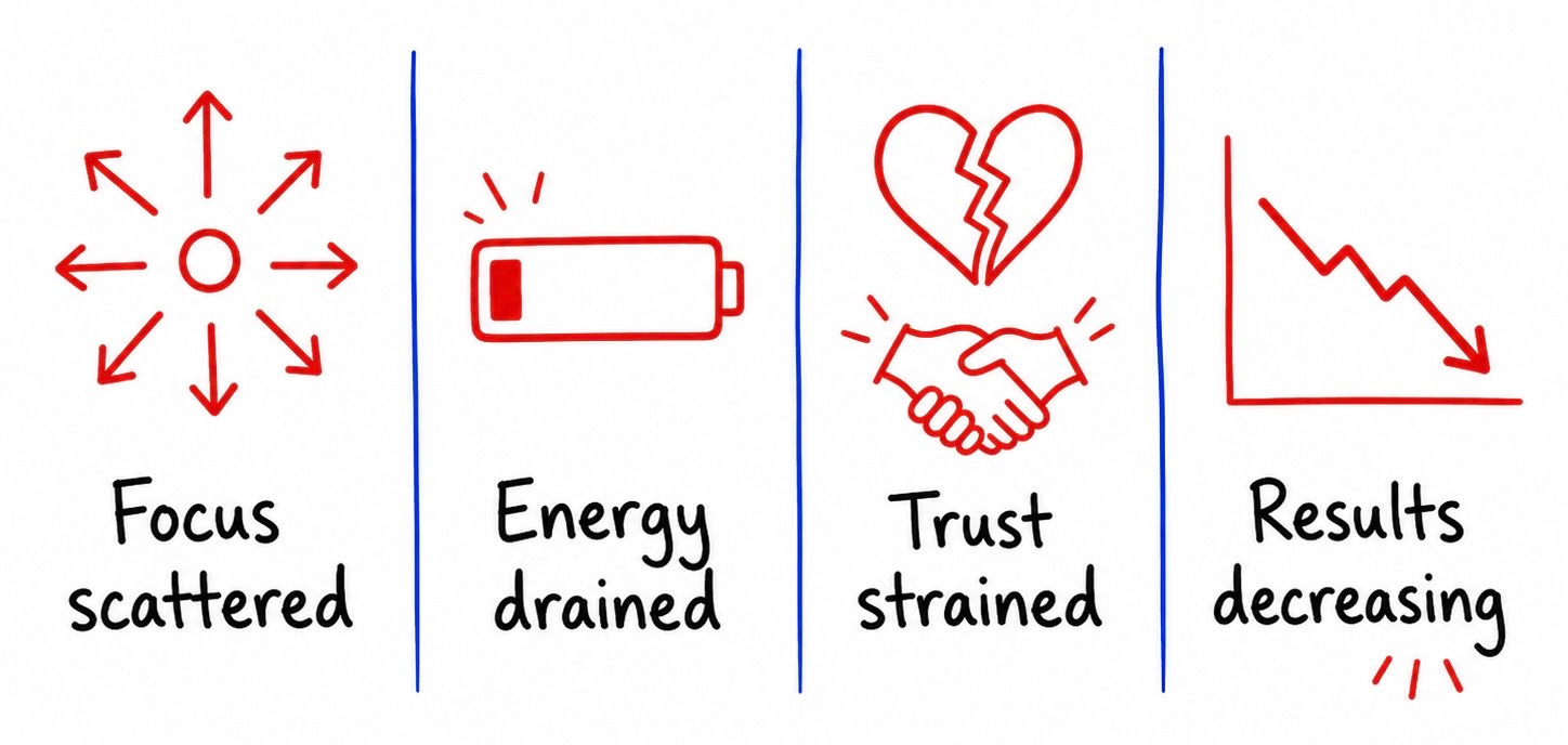 Focus gets scattered. Energy gets drained. Trust gets strained. Results get harder. Focus gets scattered. Energy gets drained. Trust gets strained. Results get harder.