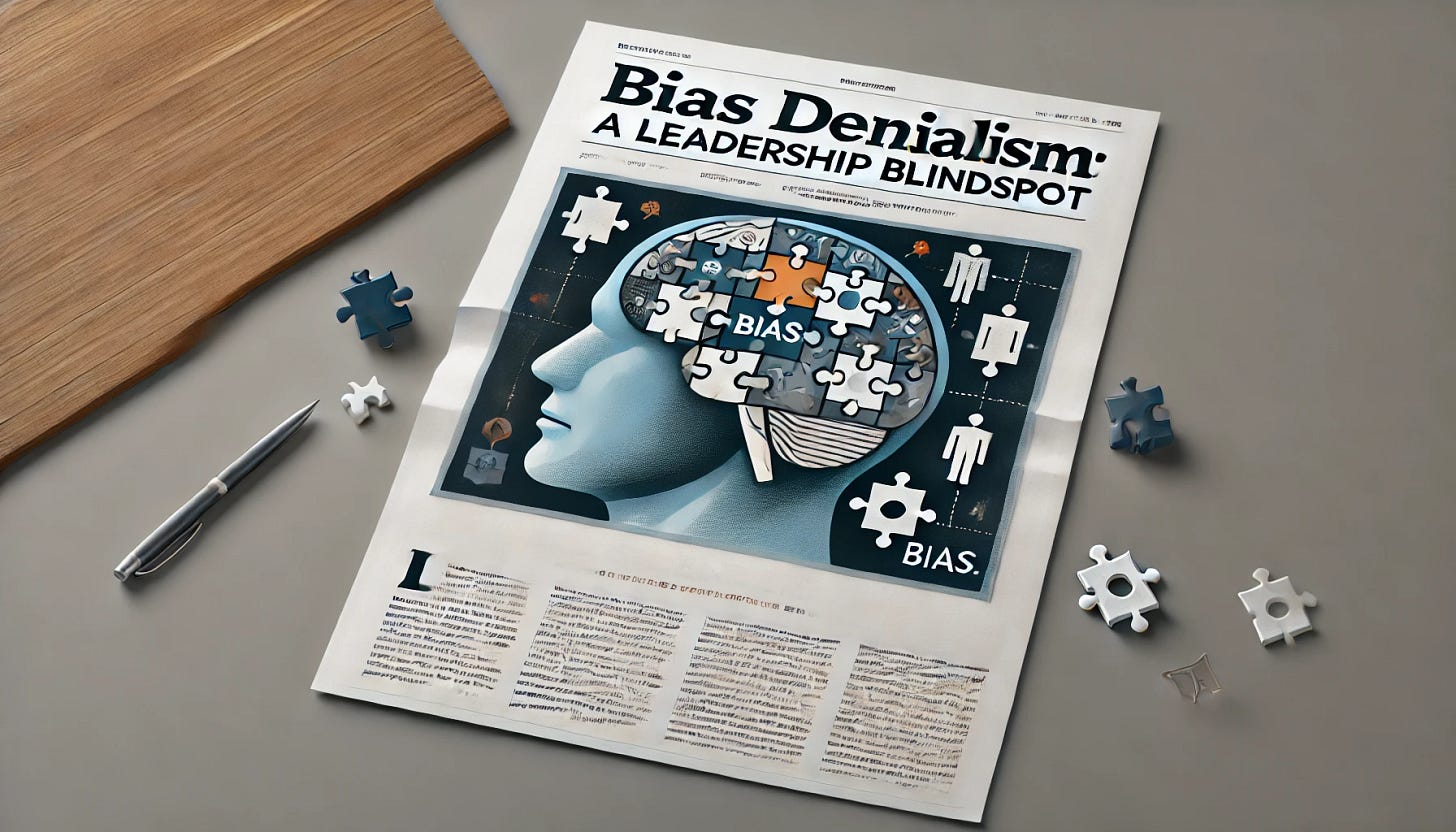 A visually engaging, landscape-oriented graphic for an article titled 'Bias Denialism: A Leadership Blindspot.' The design features the title in bold, clean, and sharp text, prominently displayed in the center. Surrounding the text is an abstract depiction of a human brain with puzzle pieces and decision-making symbols, representing bias. The colors are professional and striking, using shades of blue, gray, and subtle accents of orange. The layout is modern and designed to fit well in newsletters or presentations, focusing on leadership and thoughtful decision-making. A visually engaging, landscape-oriented graphic for an article titled 'Bias Denialism: A Leadership Blindspot.' The design features the title in bold, clean, and sharp text, prominently displayed in the center. Surrounding the text is an abstract depiction of a human brain with puzzle pieces and decision-making symbols, representing bias. The colors are professional and striking, using shades of blue, gray, and subtle accents of orange. The layout is modern and designed to fit well in newsletters or presentations, focusing on leadership and thoughtful decision-making.