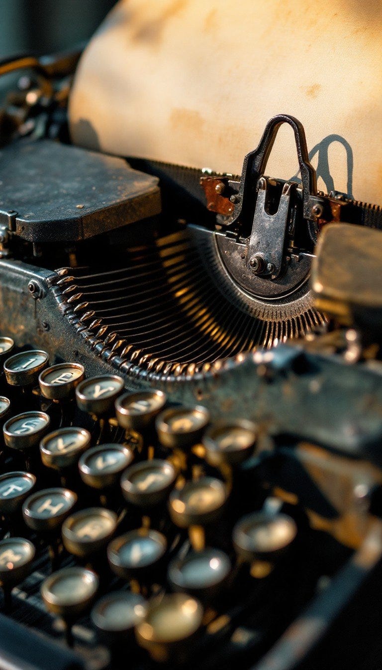 An elegant vintage typewriter stands as a testament to classic craftsmanship, its metal keys worn smooth from years of use. Morning light streams across the mechanical components, creating dramatic shadows that highlight every spring and lever. The cream-colored paper provides a soft backdrop to the industrial beauty of brass highlights and weathered metal, while natural dust and patina tell stories of countless words typed across decades.