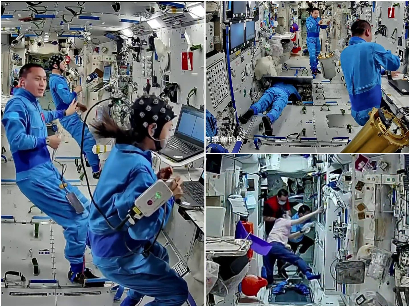 Li Jiaying and Zhang Zhiyuan participating in brain function research (left), and the Shenzhou-23 crew organizing experiment items (top right) as well as maintaining a sleeping bunk door (bottom right).
