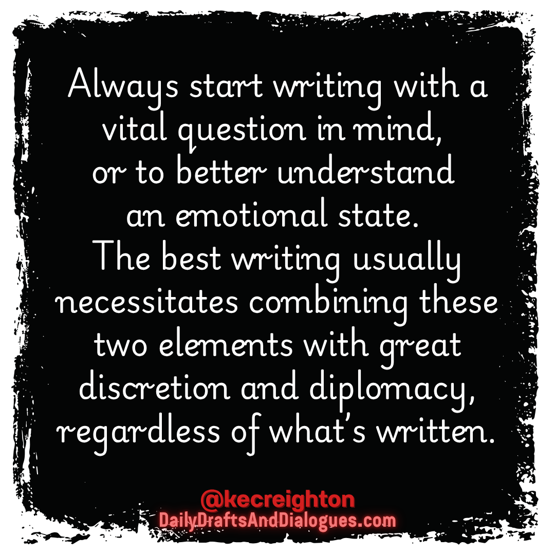 Always start writing with a vital question in mind, or to better understand an emotional state. The best writing usually necessitates combining these two elements with great discretion and diplomacy, regardless of what's written. 
