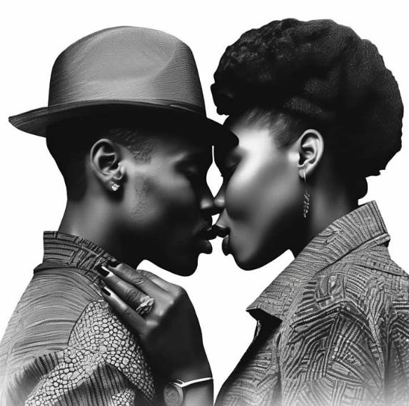 Black couple almost kissing