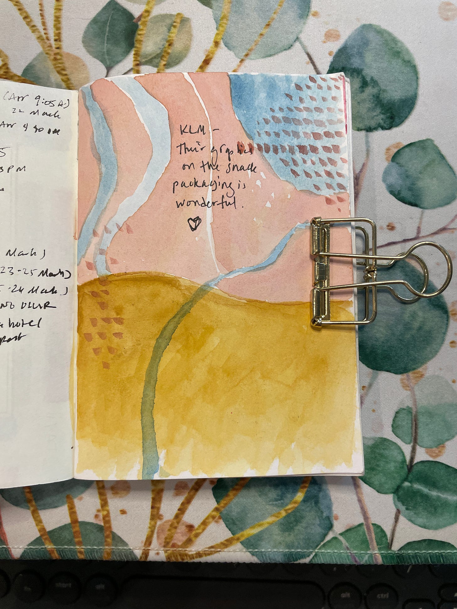 watercolor page of patterns in sienna, golden yellow, and blue.