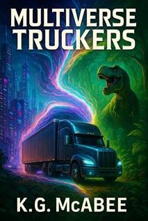 A poster of a truck driving through a city