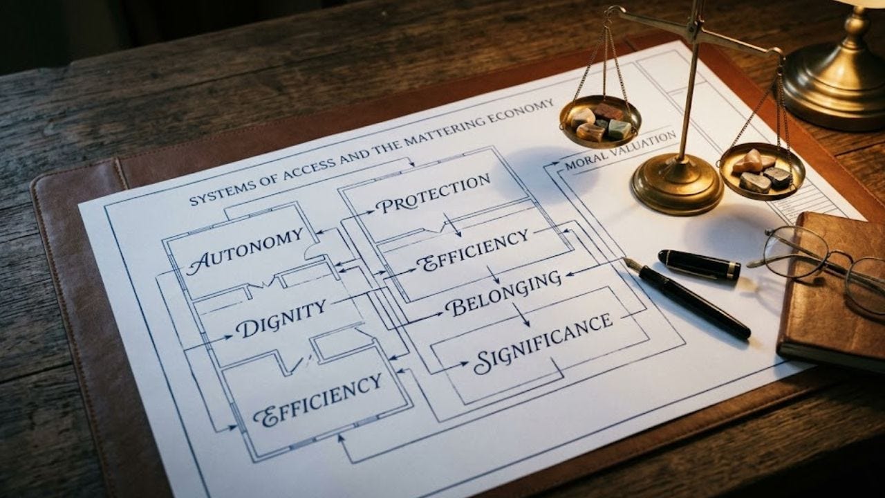 This visual captures the "Invisible Architecture" of choices you are discussing in this post. The complex flowchart connecting abstract values like Autonomy, Protection, and Dignity on the architectural paper visually represents how market design creates systemic behavior. The brass scale and fountain pen reinforce the idea that these moral economies are actively drafted and weighted by societal values. It creates a powerful, authoritative visual for your "Moral Economics" theme. This visual captures the "Invisible Architecture" of choices you are discussing in this post. The complex flowchart connecting abstract values like Autonomy, Protection, and Dignity on the architectural paper visually represents how market design creates systemic behavior. The brass scale and fountain pen reinforce the idea that these moral economies are actively drafted and weighted by societal values. It creates a powerful, authoritative visual for your "Moral Economics" theme.