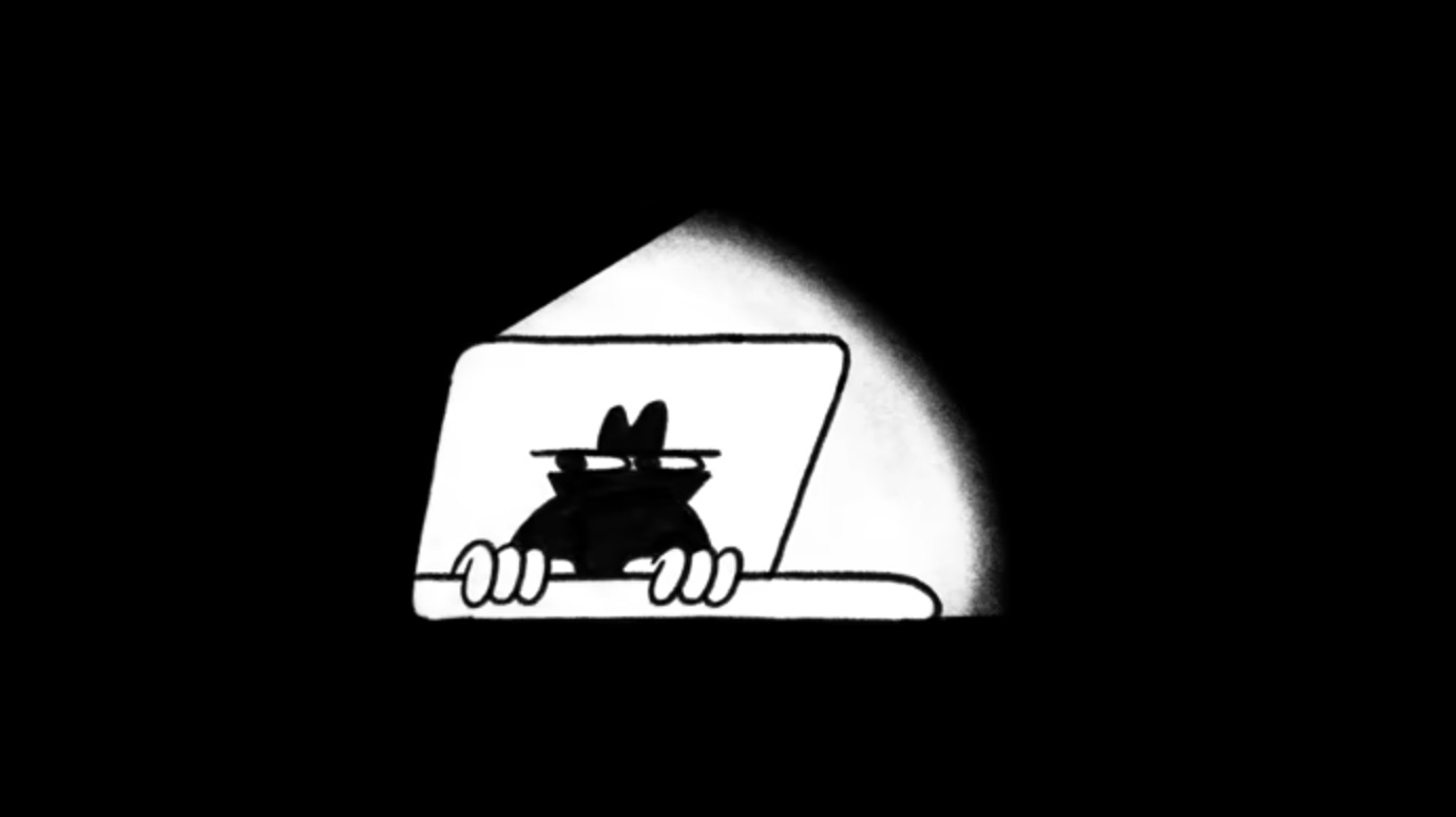 Film noir style illustration by Con McHugh for Scam Spotter showing a silhouetted character peeking from behind a window — featuring high-contrast black and white linework and animation design that reframes scam awareness without fear tactics