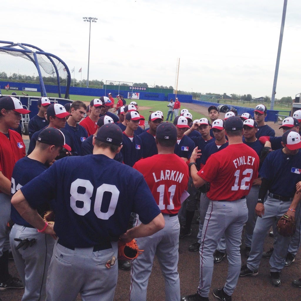 My Cincinnati brother, and the 2nd best short stop at camp, Barry Larkin (and Fin) talks to the guys before lunch. Practice in the mornings. Games in the afternoons. Meetings at night. 