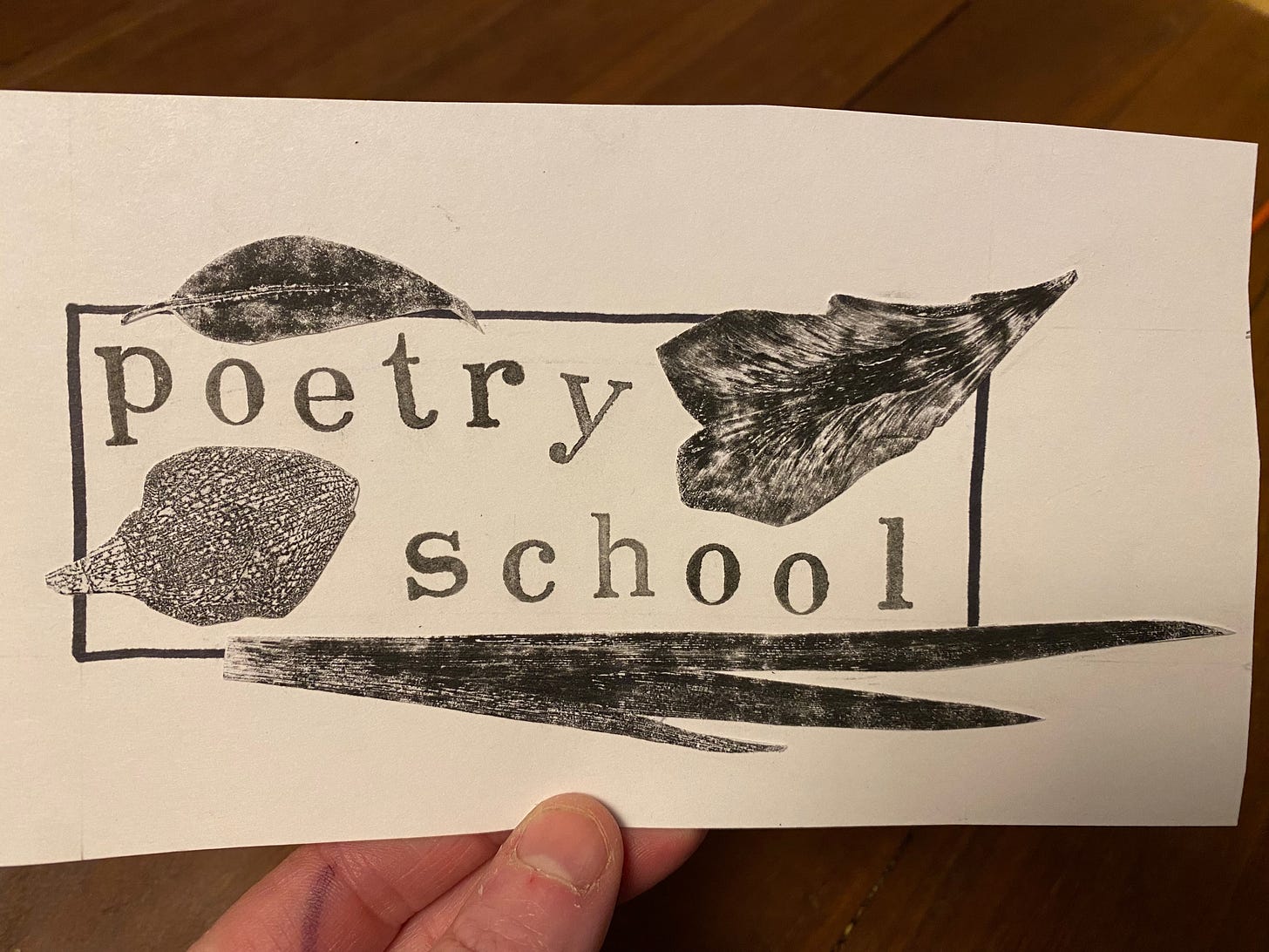 Poetry School in stamped letters inside an outlined black rectangle. Several prints of leaves, petals, and flowers, and grass decorate the edges of the rectangle.