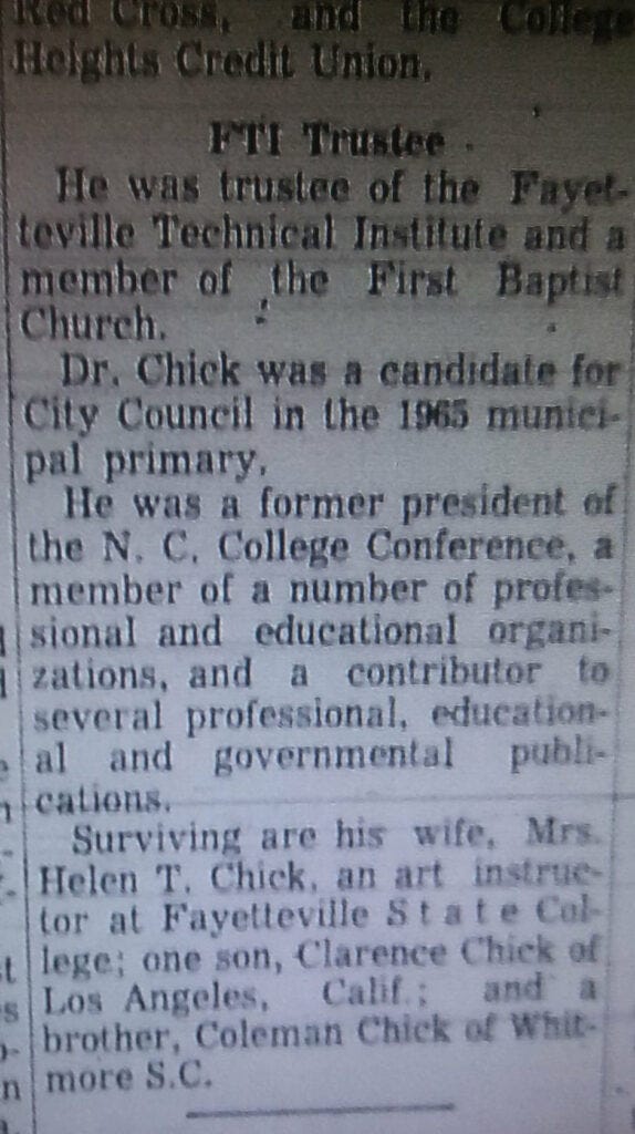 1966, January 19, “Dr. Chick, Retired Professor, Dies Here,” The Fayetteville Observer