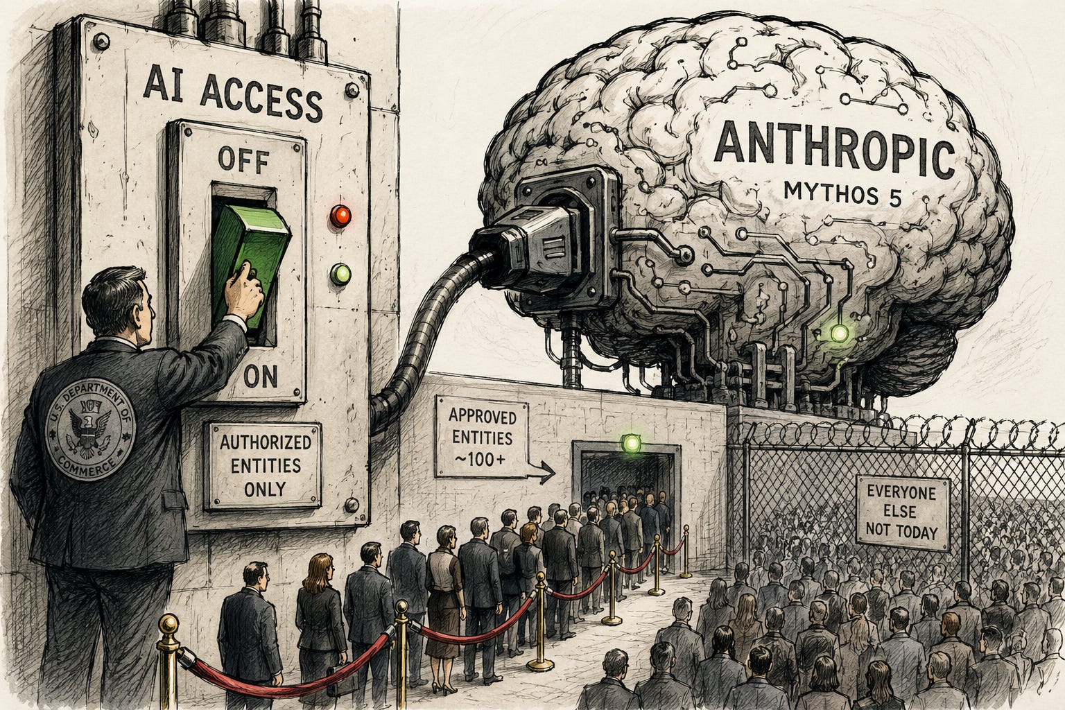 AI Created A hand-drawn editorial sketch shows a giant AI brain connected by a heavy power cable to an oversized industrial circuit breaker. A government official flips the massive switch while a small line of approved organizations enters through a gated checkpoint. A much larger crowd waits behind a fence, illustrating how access to advanced AI is now controlled by government approval.