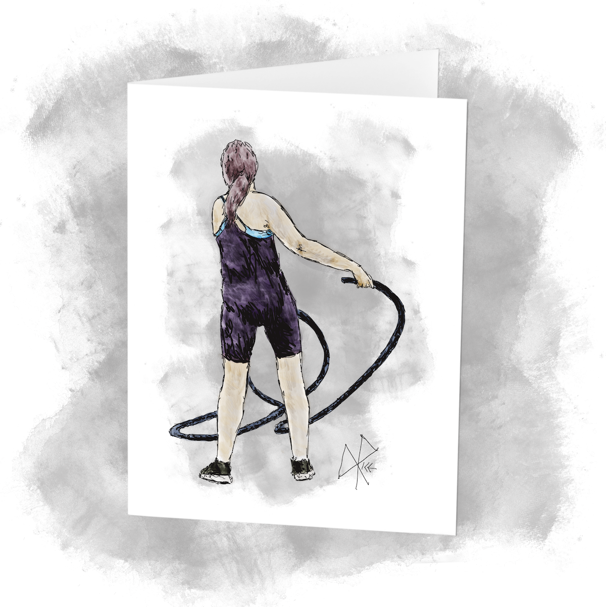 A strong woman, feet planted firmly, is holding a heavy workout battle rope in each hand - waving them and slamming them as a part of a fitness workout. Sketch art by Don Rice.