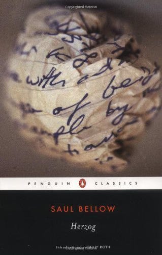 Book cover of Herzog by Saul Bellow. Above the title, a photograph shows a ball of paper, writing visible but illegible