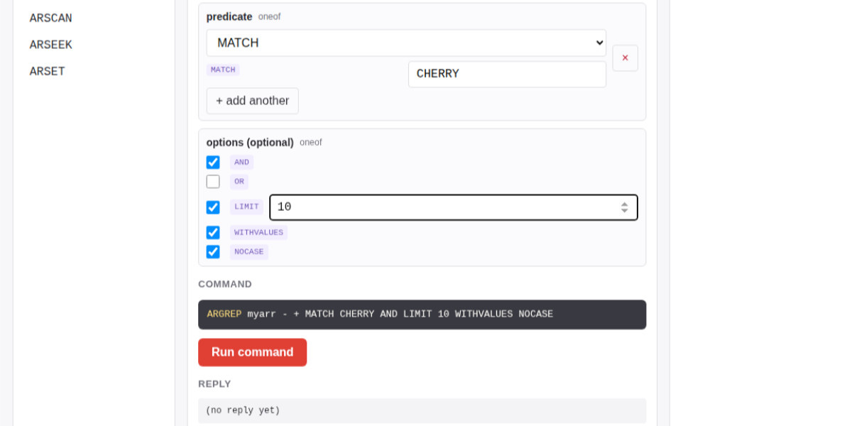 Screenshot of a Redis command builder UI. Left sidebar shows commands ARSCAN, ARSEEK, ARSET. Main panel has a Screenshot of a Redis command builder UI. Left sidebar shows commands ARSCAN, ARSEEK, ARSET. Main panel has a