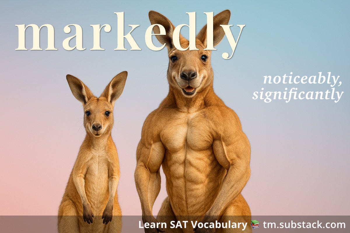 Illustration of two kangaroos, one slim and the other muscular showing a noticeable size difference; used to illustrate the SAT word 'markedly'.