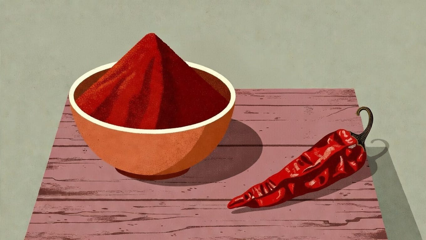 Paprika in a bowl, on a table, and a pepper, dried, next to it Paprika in a bowl, on a table, and a pepper, dried, next to it