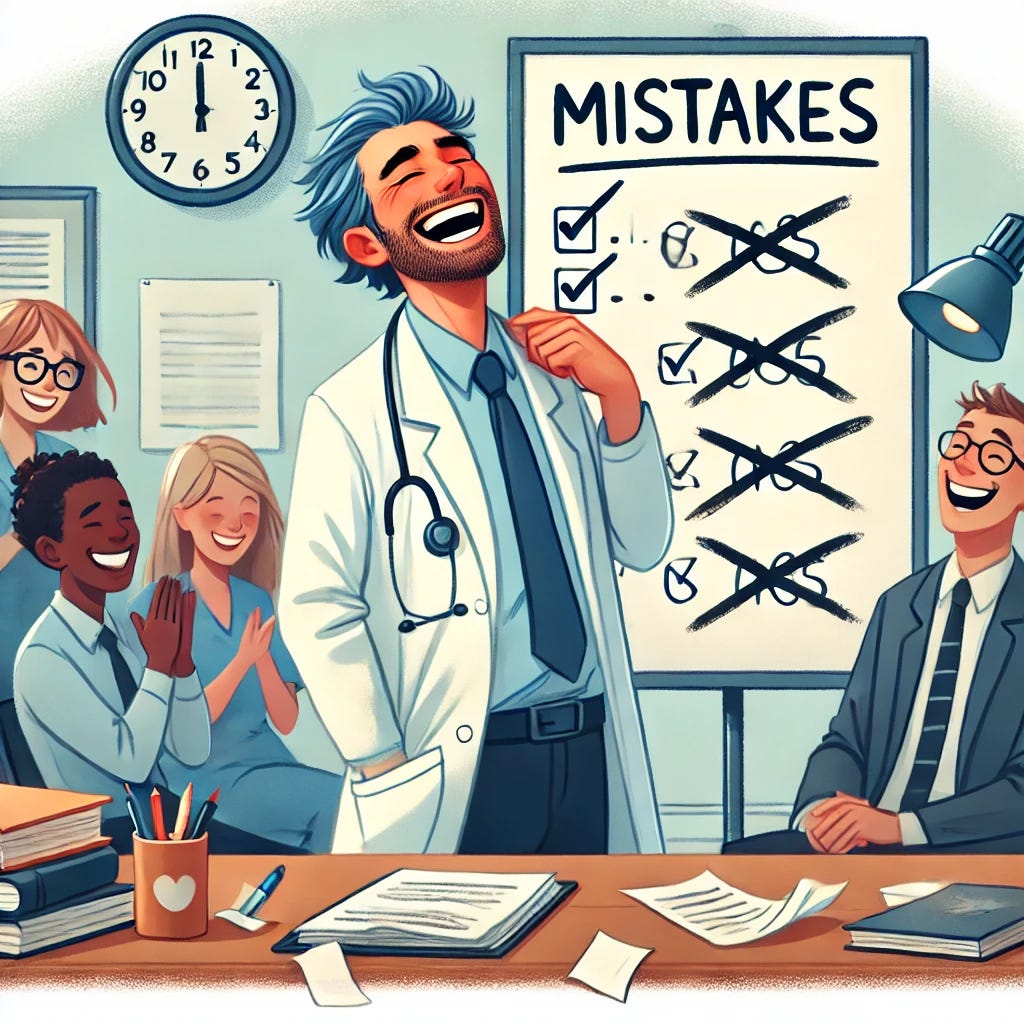 A lighthearted illustration of a professional laughing at their own mistakes in a learning environment. The person, possibly a clinician or mentor, is surrounded by notes, books, or a whiteboard with crossed-out errors, embracing the learning process. Colleagues or students nearby are also smiling, showing that mistakes are part of growth. The atmosphere is warm and encouraging, with a semi-realistic style that conveys humor, humility, and resilience.