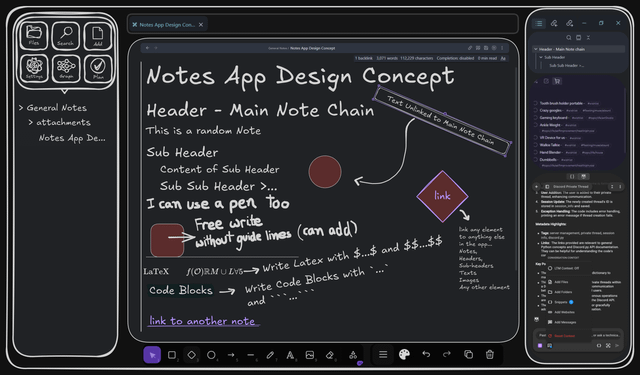 r/ObsidianMD - *Notes App Design Con... X ☐ Files Search Add General Notes / Notes App Design Concept 99 1 backlink 3,071 words 112,229 characters Completion: disabled 0 min read Aa - Header - Main Note chain Sub Header Sub Sub Header >... Settings Graph Plan > General Notes > attachments Notes App De... Notes App Design Concept Header - Main Note Chain This is a random Note Sub Header Content of Sub Header Sub Sub Header >... I can use a pen too Free write LaTeX without guide lines (can add) Text Unlinked to Main Note Chain link f(O)RMU LV5Write Latex with $...$ and $$...$$ Code Blocks Write Code Blocks with '...` and link to another note link any 0000 Tooth brush holder portable- Crazy googles-#wishlist Gaming keyboard Ankle Weight-#wishlist VR Device for us - Walkie Talkie - Hand Blender Dumbbells-wishlist {} ame is forma Discord Private Thread 3. User Addition: The user is added to their private thread, enhancing communication. 4. Session Update: The newly created thread's ID is stored in session_info and saved. 5. Exception Handling: The code includes error handling, printing an error message if thread creation fails. Metadata Highlights: Tags: server management, private thread, session info, Links: The links provided are relevant to general Python concepts and API documentation. They can be helpful for understanding the code's cor CONVERSATION CONTEXT element to anything else in the app... · · Notes, Headers, Sub-headers Key Po LTM Context: Off Texts ⚫ The dictionary to ma Images Thi Add Files Any other element a D bet Add Folders • The are • The adc {> Snippets 1 Add Websites Add Messages ivate threads within communication I users. onous operations the Discord API. or gracefully eation. 2 3 ↑ 5 6 O, A ☑ A 00 00 8 9 0 AI ||| = Ր 2 Past Reset Context or ask a technica... © A r/ObsidianMD - *Notes App Design Con... X ☐ Files Search Add General Notes / Notes App Design Concept 99 1 backlink 3,071 words 112,229 characters Completion: disabled 0 min read Aa - Header - Main Note chain Sub Header Sub Sub Header >... Settings Graph Plan > General Notes > attachments Notes App De... Notes App Design Concept Header - Main Note Chain This is a random Note Sub Header Content of Sub Header Sub Sub Header >... I can use a pen too Free write LaTeX without guide lines (can add) Text Unlinked to Main Note Chain link f(O)RMU LV5Write Latex with $...$ and $$...$$ Code Blocks Write Code Blocks with '...` and link to another note link any 0000 Tooth brush holder portable- Crazy googles-#wishlist Gaming keyboard Ankle Weight-#wishlist VR Device for us - Walkie Talkie - Hand Blender Dumbbells-wishlist {} ame is forma Discord Private Thread 3. User Addition: The user is added to their private thread, enhancing communication. 4. Session Update: The newly created thread's ID is stored in session_info and saved. 5. Exception Handling: The code includes error handling, printing an error message if thread creation fails. Metadata Highlights: Tags: server management, private thread, session info, Links: The links provided are relevant to general Python concepts and API documentation. They can be helpful for understanding the code's cor CONVERSATION CONTEXT element to anything else in the app... · · Notes, Headers, Sub-headers Key Po LTM Context: Off Texts ⚫ The dictionary to ma Images Thi Add Files Any other element a D bet Add Folders • The are • The adc {> Snippets 1 Add Websites Add Messages ivate threads within communication I users. onous operations the Discord API. or gracefully eation. 2 3 ↑ 5 6 O, A ☑ A 00 00 8 9 0 AI ||| = Ր 2 Past Reset Context or ask a technica... © A