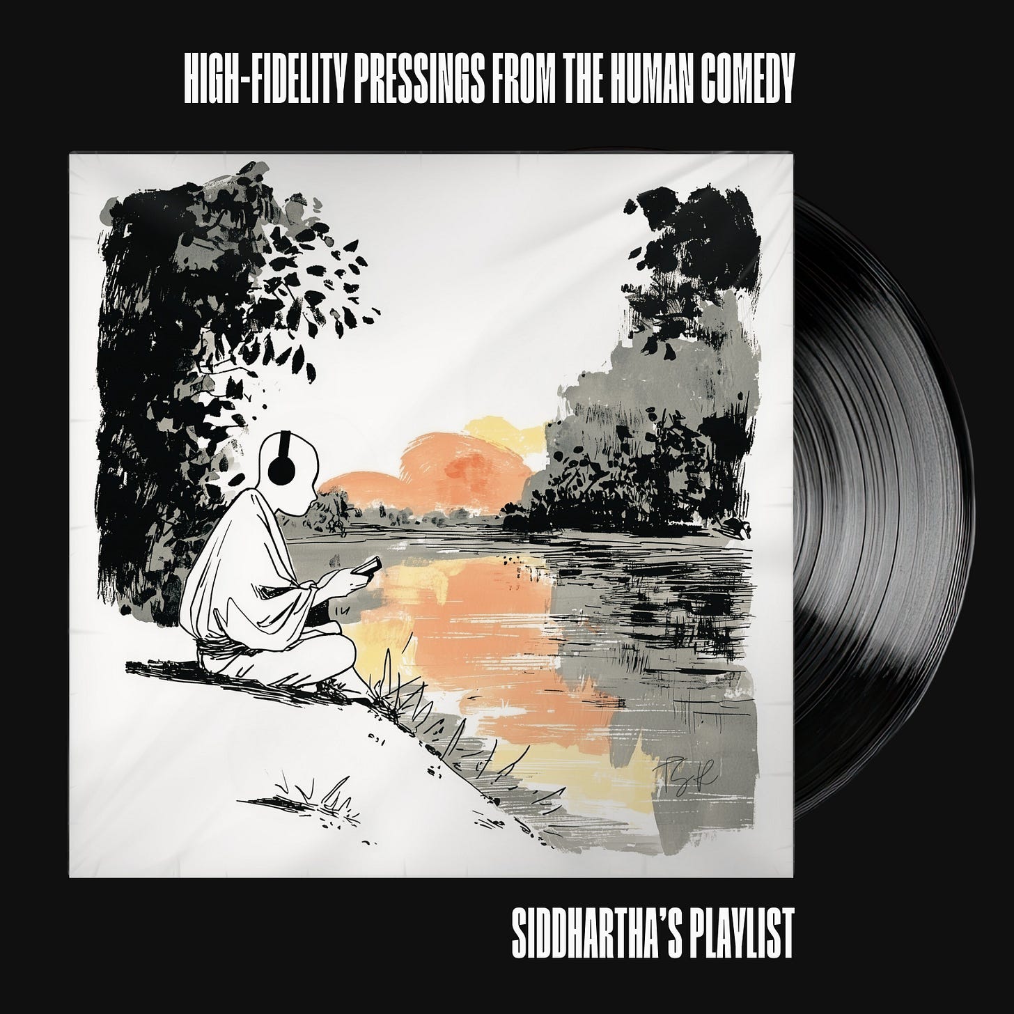 A vinyl record presentation on a black background, topped with white typography reading "HIGH-FIDELITY PRESSINGS FROM THE HUMAN COMEDY." The white sleeve features an ink illustration of Siddhartha sitting with headphones on the edge of a riverbank, looking at a device. A black vinyl record emerges from the right. Below, text reads "SIDDHARTHA’S PLAYLIST."