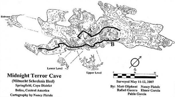Map of the Midnight Terror Cave with pathways indicated by bold lines. Map of the Midnight Terror Cave with pathways indicated by bold lines.