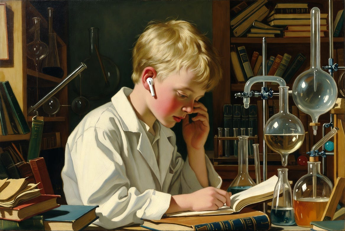A Renaissance-style painting of a young blond boy scientist listening to a podcast in a cluttered lab. A Renaissance-style painting of a young blond boy scientist listening to a podcast in a cluttered lab.