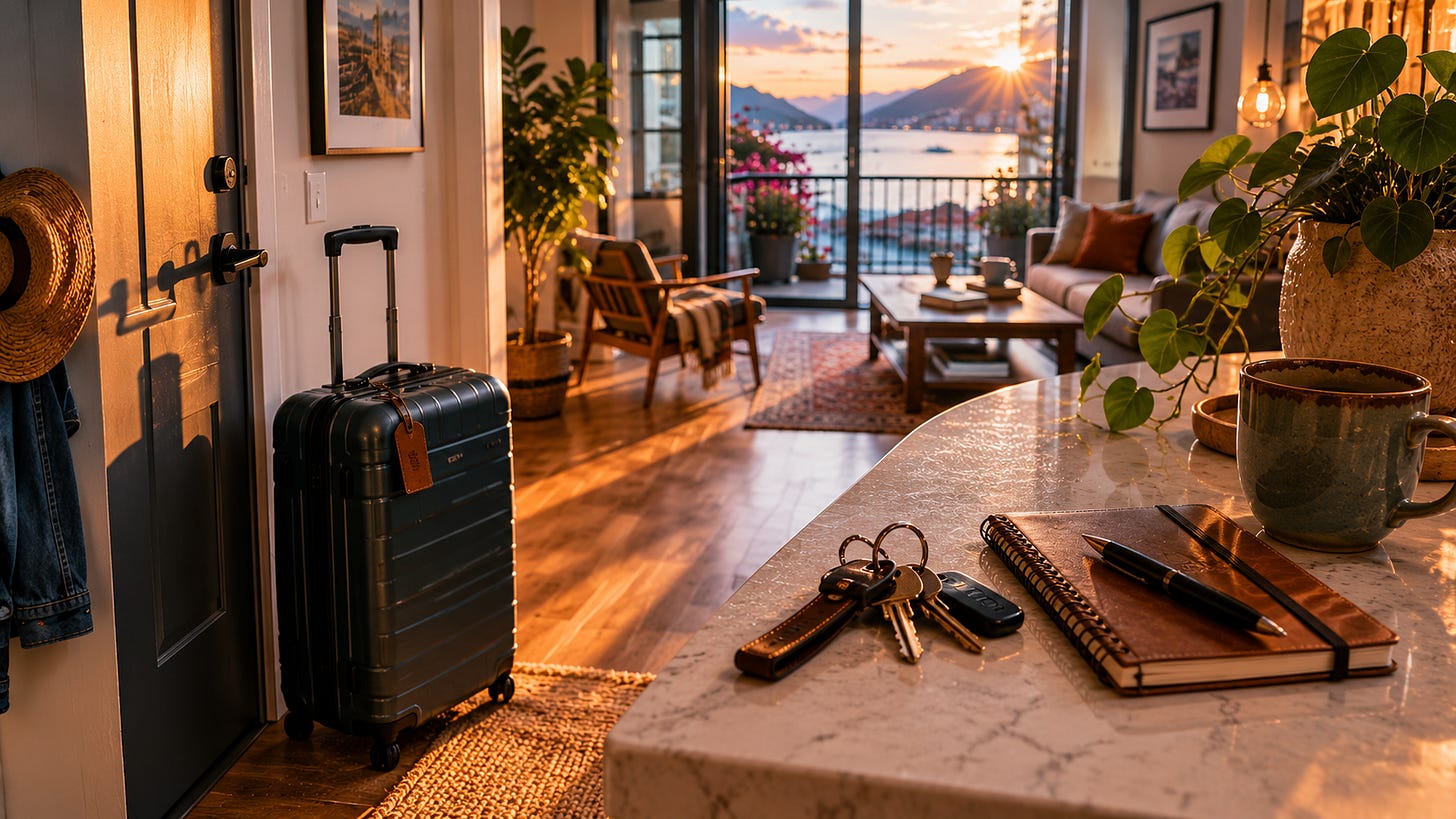 A cozy, sunlit modern condo interior with a packed suitcase beside the front door and a set of keys resting on a kitchen counter. Warm natural light fills the space, highlighting a comfortable living area and suggesting a lifestyle balanced between home, travel, and movement. A cozy, sunlit modern condo interior with a packed suitcase beside the front door and a set of keys resting on a kitchen counter. Warm natural light fills the space, highlighting a comfortable living area and suggesting a lifestyle balanced between home, travel, and movement.