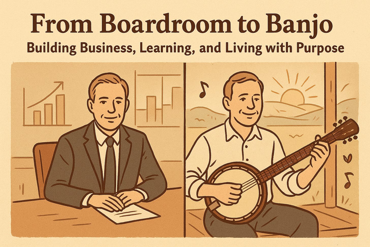 From Boardroom to Banjo: building Business, Learning, and Living with purpose. Two pictures, one of a man at a desk, the other of a man playing banjo.